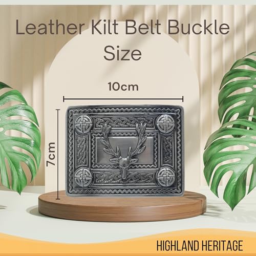 Kilt Belt and Buckle Set - Scottish Celtic Embossed Genuine Leather Belt Stag Head Buckle 4 Demo Pewter, Kilt Belts for Men3