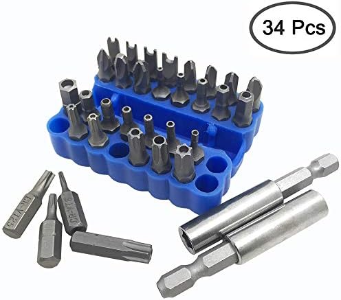 FineGood 34 Pcs Screwdriver Bit Set with Magnetic Extension Bit Holder, Security Anti-Tamper SAE Metric Hex Tri-wing Torq Spanner Star Bit - Blue