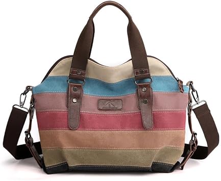 Canvas Purse for Women Large Work Tote Bags with Strap Vintage Top-Handle Handbags Striped Crossbody Shoulder Tote Multi