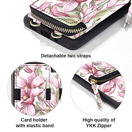 Zve Iphone 13 Pro Rfid Blocking Case Walle, Zipper Crossbodyphone Case With Card Holder Wrist Strap Purse Cover For Women For Iphone 13 Pro (6.1 Inch),-Pink Floral #TOP6