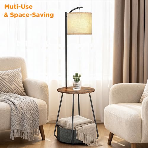 Image of LUTEC Floor Lamp with Table, Night Stand with Lamp, Round SideTable with Fabric Basket, 3 Color Temperatures 9W LED Bulb, Modern End Table for Bedroom, Living Room, Rustic Brown