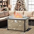 Vicluke 44 Inch Aluminum Propane Fire Pit Table w/Faux Ledgestone, Hand-Painted Table Top, 50,000 BTU Fire Table w/CSA Certification,Wind Guard,Waterproof Cover for Outdoor,Patio,Christmas (Gray)