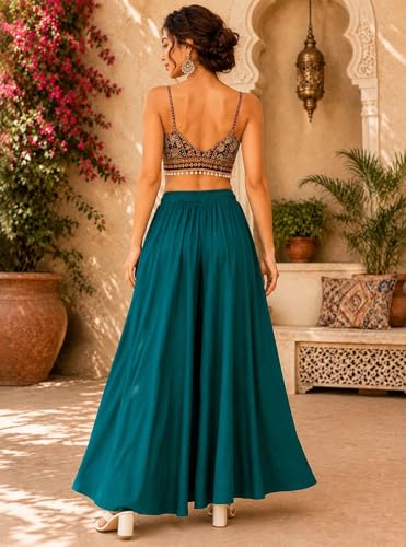 Image of TNQ Palazzo Pants for Women Rayon Full Flared Free Size | for Any Kurti | Ethnic Or Casual Wear (IN, Alpha, 2XL, Teal Green)