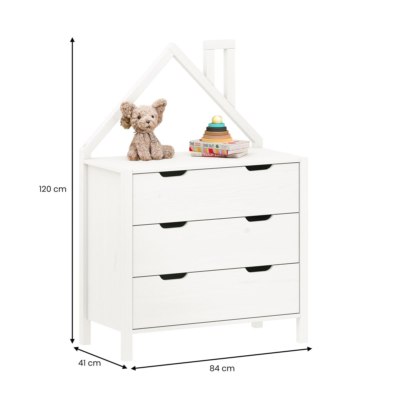 IDIMEX Kommode ELANO in Hausform - Weiß, massives Kiefernholz, 3 große Schubladen, Kinderzimmer Aufbewahrung, Kleiderschrank, Kinderzimmer möbel, Schubladenkommode