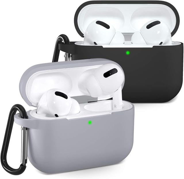 Wepro Compatible with Airpods Pro Case, Shockproof Full Protective Silicone Skin Case Cover with Carabiner Compatible with AirPods Pro 3rd Gen 2019, Front LED Visible, Black/Gray