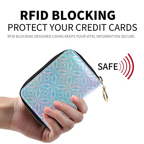 OTVEE Multicolor Holographic Printed Pattern Geometric Texture Credit Card Wallet, Microfiber Leather Zipper RFID Card Case Holder for Women2