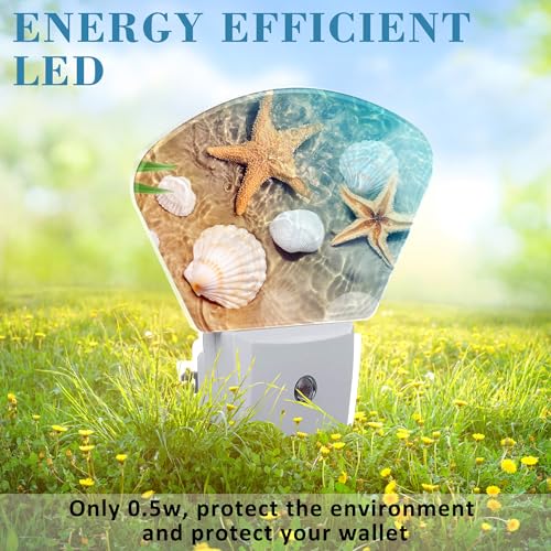 Image of Starfish and Seashell Night Light for Kids, Beach in Sea Water LED Night Light Plug into Wall with Dusk to Dawn Sensor for Girls Boys Women Men Room, Hallway, Kitchen, Bathroom, Stairs Decor