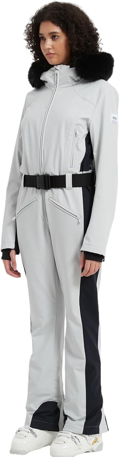 Women's One Piece Snowsuit Ski Suit Slim Fit High Collar Hood Zipper Jumpsuit Snowboard Waterproof Windproof Jacket