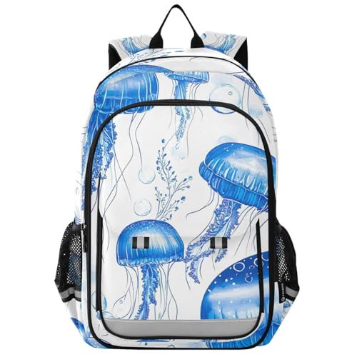 Backpack for School Boys Girls, Blue Jellyfish Print Large Girls Backpack with Chest Strap, 6-12 Y School Bag with Front Flap, 17 Inch