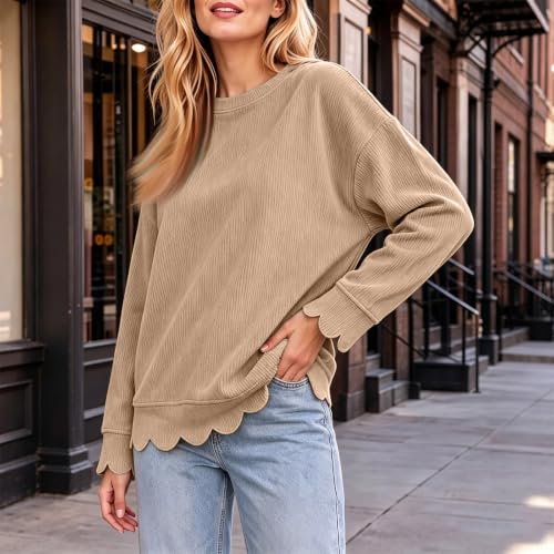 Crew Neck Sweatshirts Women Fall Corduroy Scalloped Bottom Sweatshirt - image 3