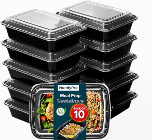 HomlyPro 10 Pack 28oz Black Meal Prep Containers with Lids Airtight BPA Free Reusable Food Containers 1 Compartment Stackable Food Storage for Microwave Freezer and Dishwasher Safe