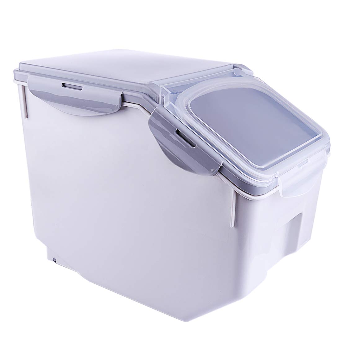 Lot de 2 contenants de stockage de riz 10 kg / 10 kg / 10 kg paniers de stockage d'aliments hermétiques pour céréales, haricots, farines, boîtes étanches à l'humidité, avec roulettes, tasses à mesurer