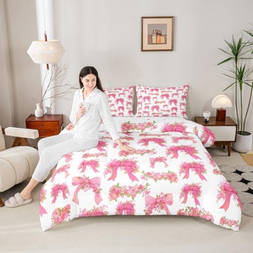 Image of Erosebridal Pink Floral Bowknot Queen Bedding Set Girly Bows Ribbons Comforter Set for Kids Teens Valentine Flowers Comforter Bow Tie Princess Duvet Insert