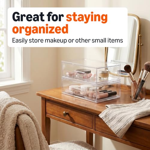 Image of Amazon Basics Stackable Plastic Storage Makeup Organizer Drawers, Clear, 12.1 inch x 7.6 inch x 3.5 inch, 2 Pack