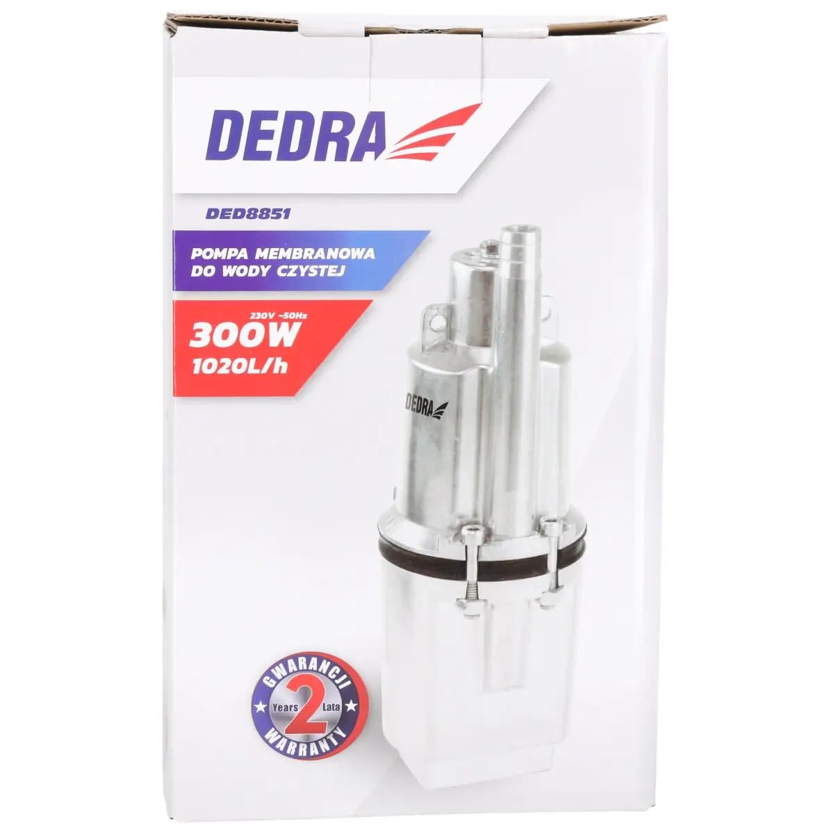 Dedra DED8851 – pompa membranowa zanurzeniowa 300 W, wydajność 1020 l/h, wysokość podnoszenia 68 m, przewód 10 m, do czystej wody, aluminiowa obudowa – komplet