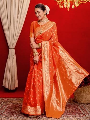 Image of SIRIL Women's Banarasi Jacquard Soft Silk Kanjeevaram Saree with Unstitched Blouse Piece