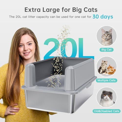 Image of WoofiGo Enclosed Stainless Steel Cat Litter Box with Lid, XL Extra Large Litter Box for Big Cats, Metal Litter Pan High Sided, Never Absorbs Odors, Anti-Urine Leakage, Include Scoop (SH-Light Gray)