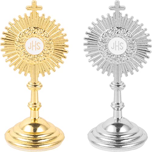 EXCEART 2 Piece Standing Metal Crucifix Set with Base Catholic Religious Decor Jesus Cross Statue for Home Altar Chapel Prayer Tabletop Display