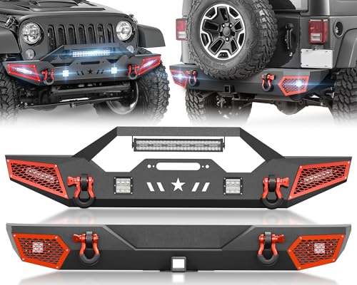 Image of for Wrangler JK JKU Front and Rear Bumpers Compatible with 2007-2018 Jeep Wrangler JK JKU Unlimited 2 /4 Doors with Winch Plate, 7 x LED Lights, 2 inch Hitch Receiver, Paintable Armor & D-rings