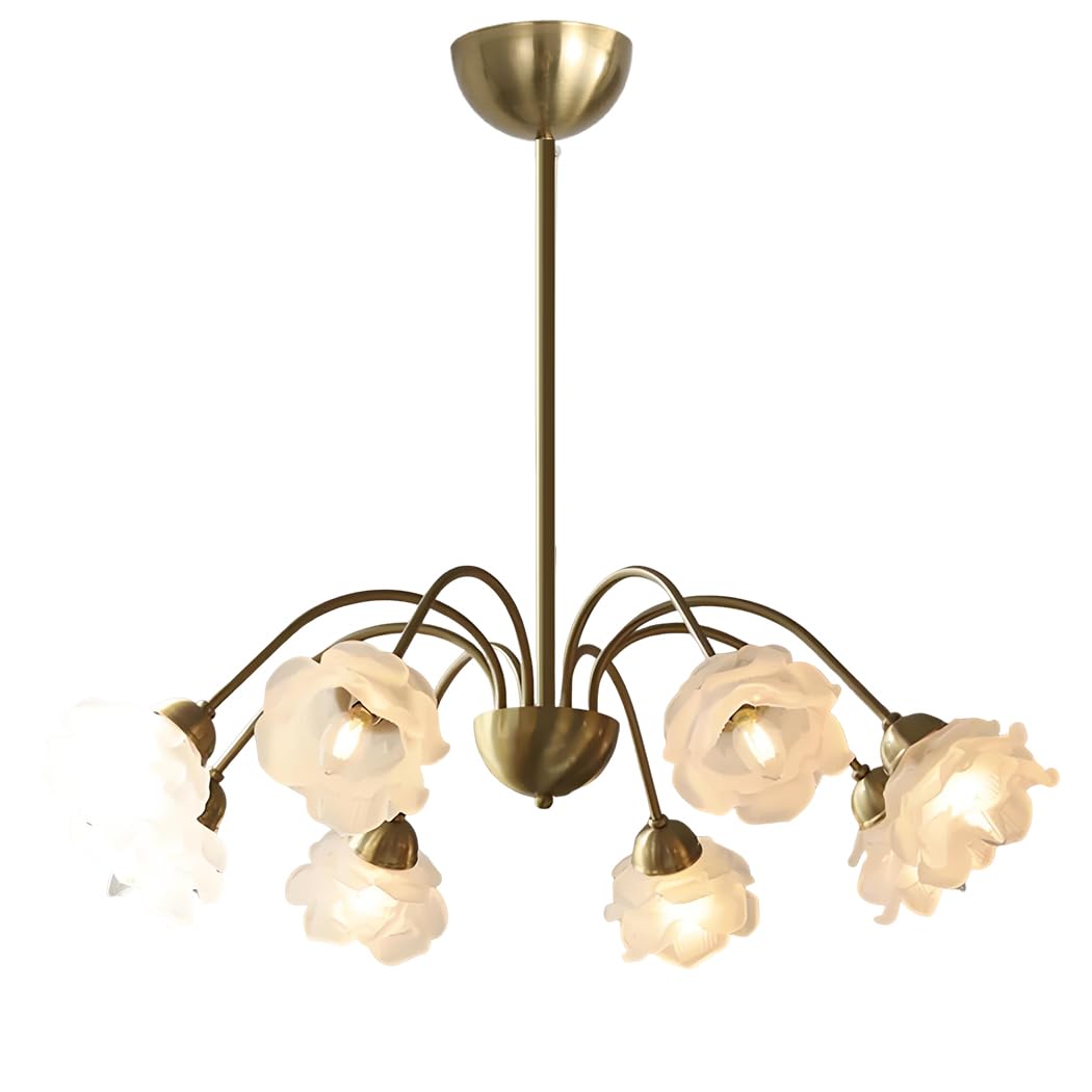 YNVIOZM Gold Pendant Lights Semi Flush Mount Chandelier 8-Lights with White Milk Glass Flower Shape Gold Mid Century Modern Hanging Ceiling Lighting Fixture for Bedroom Living Room Dining Room