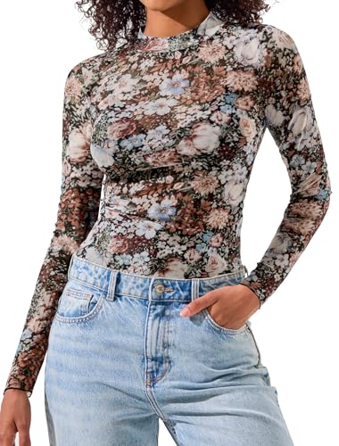 IWD Womens Mesh Long Sleeve Tops Sheer Lace Blouses Sexy See Through Mock Neck Tee Shirts