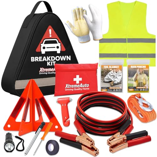 Xtremeauto Car Breakdown Emergency Kit Roadside Car Safety Kit with Warning Triangle Hi-Vis Vest Tow Rope Jumper Leads First Aid Kit & Storage Case Essential Car Kit for UK & Europe