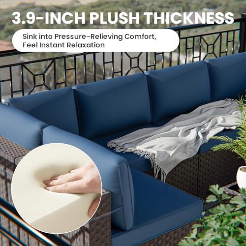 Image of 9 Pieces Outdoor Sectional Furniture All Weather PE Rattan Wicker Patio Conversation Set with Coffee Table and 8 Thickened Cushions,Navy Blue