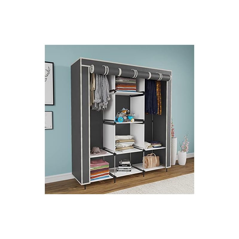 Maison & Cuisine Collapsible Wardrobe Portable Almira for Clothes, 2 Hanging Space, 8 Shelves Non-Woven Fabric 90 GSM (88130, Grey)