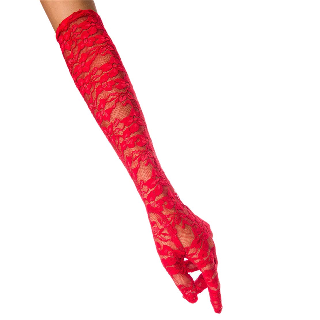 Seeksmile Women's 19" Elbow Length Sheer Lace Print Floral Gloves for Wedding Opera Party 1920s Flapper Cosplay - Red