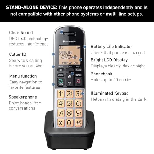 Panasonic Compact Cordless Phone with DECT 6.0, 1.6" Amber LCD and Illuminated HS Keypad, Call Block, Caller ID, Multiple Display Languages - 1 Handset - KX-TGB810S (Black/Silver) - Image 4