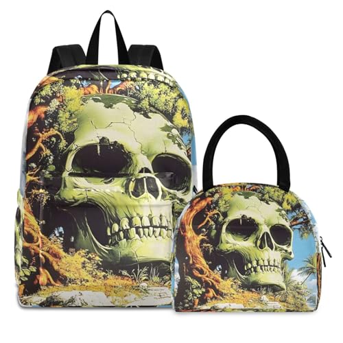 Backpack Lunch Bag Set Big Skull Print, Big Storage Travel Backpacks with Insulated Lunch Box for Office Hiking Picnic