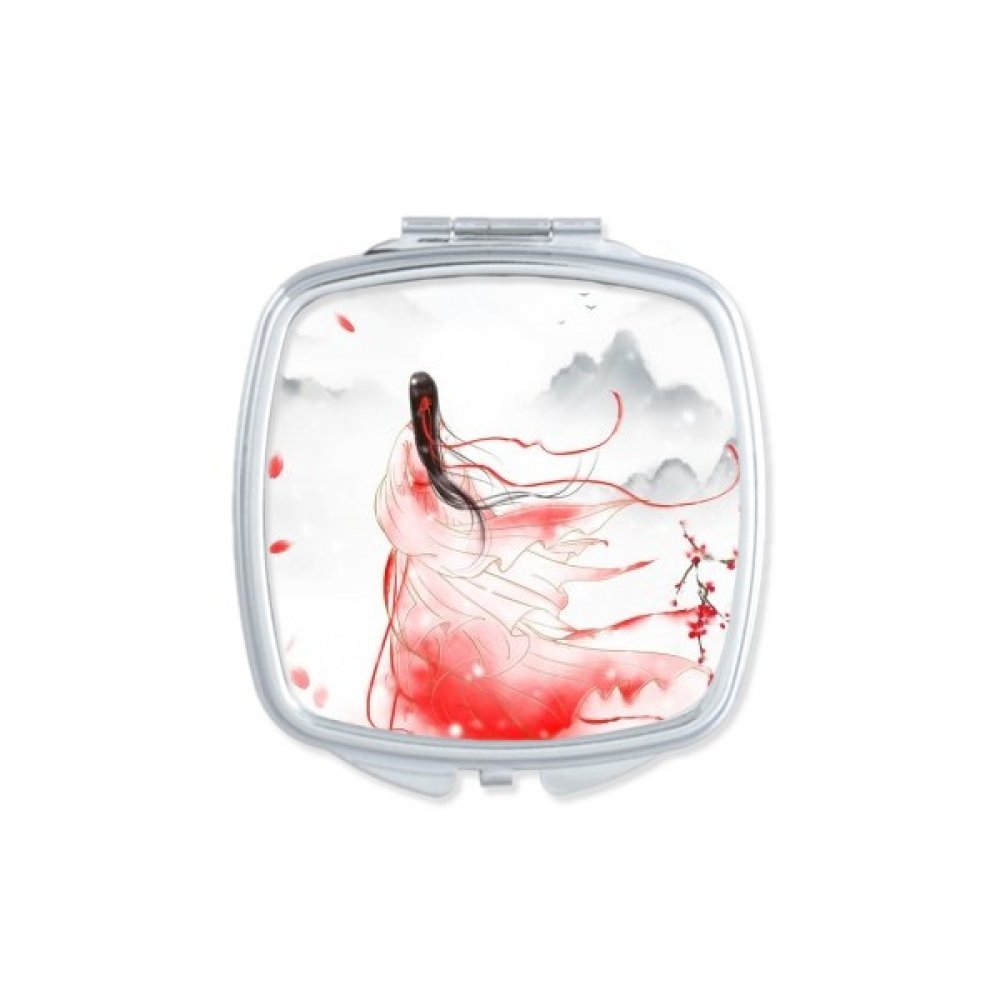 Mei Xue In Red Chinese Style Watercolor Square Mirror Portable Compact Pocket Makeup Double Sided Glass
