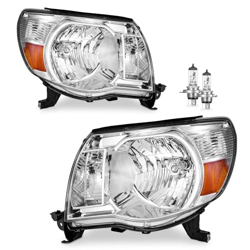 KarSpareHub Headlights Assembly Compatible with 2005-2011 Toyota Tacoma Headlamp Replacement Chrome Housing Amber Reflector Driver & Passenger Side