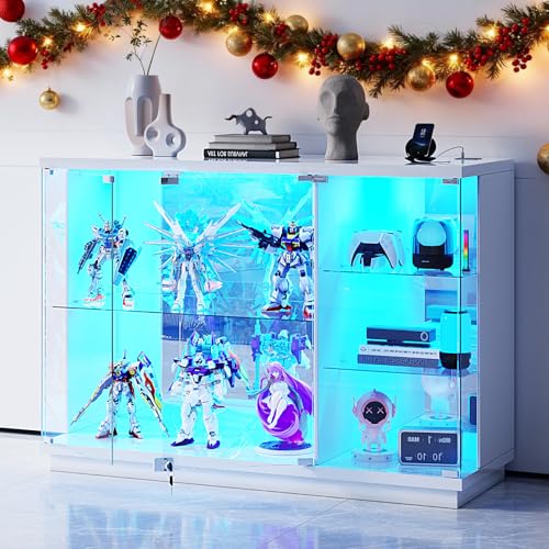 Lvifur Glasvitrine LED Beleuchtung und Glastüren,Glas Vitrinenschrank,Display Cabinet mit Intelligente Sensorik,3-Lagen Holz Vitrine Staubdicht für Wohnzimmer Schlafzimmer Büro,Schwarz