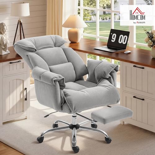 Image of HOMCOM Executive Office Chair Comfy with Foot Rest Reclining Light Gray | Swivel Computer Desk Chair, High Folding Back, Thick Cushion, Padded Armrest, Adjustable Height, Rolling Wheels