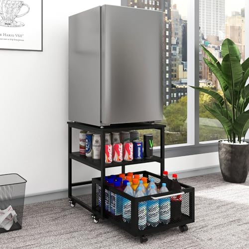 PUNCIA 19.7x19.7in Mini Fridge Stand with Storage and Wheels Heavy Duty Mini Fridge with Adjustable Shelf Table Beverage Refrigerator Stand for Coffee Bar Fridge Cart for Office Home Dorm Apartment