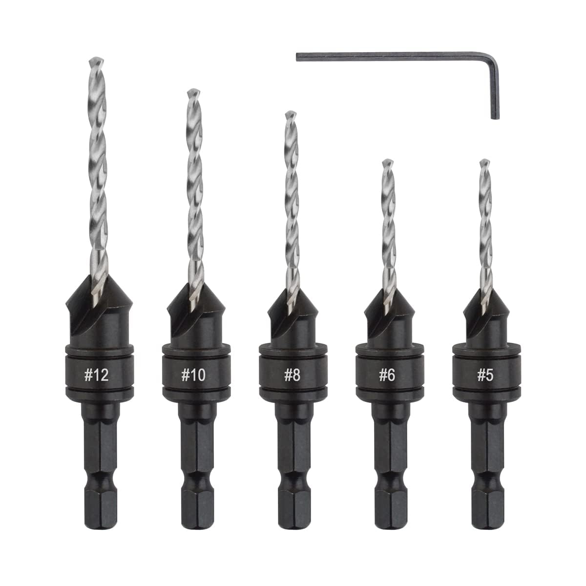 Gunpla 5pcs HSS Countersink Drill Bit Set, 1/4 inch Hex Shank Adjustable Counterbore Drill Bits Kit for Drilling Holes in Wood Plastic Soft Metal Chamferring Tool