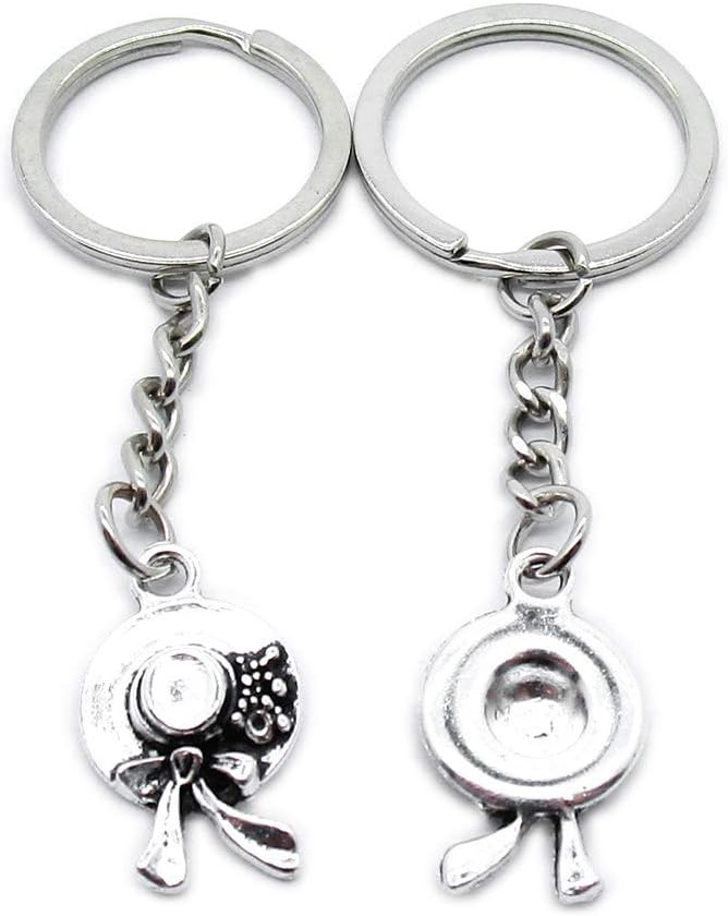 100 PCS Antique Silver Keyrings Keychains Key Ring Chains Tags Clasps AA462 Lady Straw Hat
