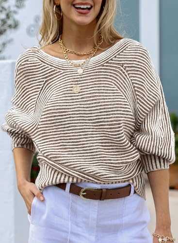 Image of EVALESS Striped Sweaters for Women Boat Neck Batwing Sleeve Oversized Pullover Sweater Tops Womens Fall Clothes Outfits