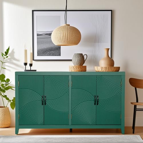 Image of Green Solid Wood Sideboard Buffet Cabinet with Storage - Modern Wave Design with Removable Shelves, for Kitchen, Living Room & Hallway (Green Finish)