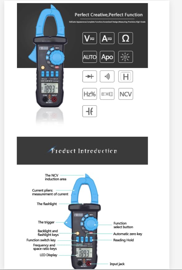 Digital Multimeter 400A ClampMeter ACM03PLUS Capacitance Frequency Tester Induction Voltage Alarm, blue black
