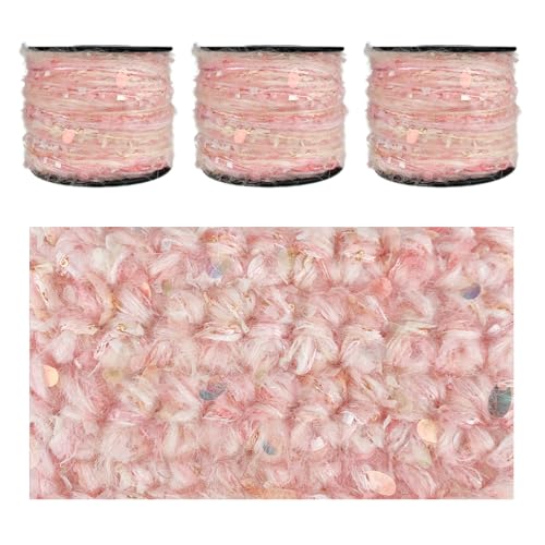 Artisanal Yarn Collection Multifiber Fancy Yarn with Sequins & Iridescent Shimmering Threads for Knitting Crocheting Crafts DIY, Set of 3 Rolls (Peachy Pink)