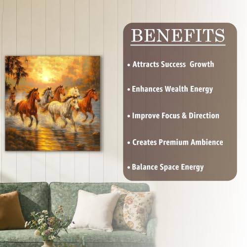 Image of PAINTINGMANTRA Seven Running Horses Wall Art Vastu Feng Shui Multicolor | Canvas Painting Stretched on Wood | Suits For Vastu-Friendly Place, Living Room, Bedroom, Hallways (16x22 Inch)