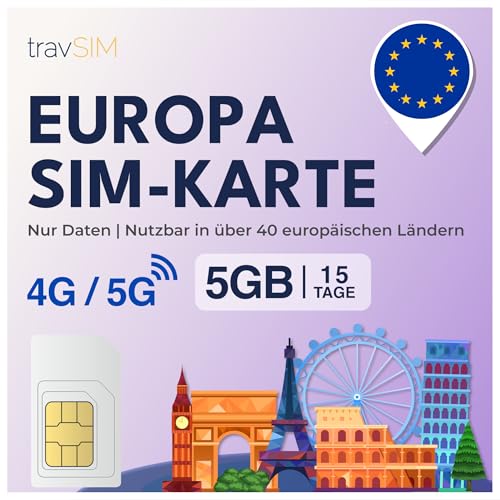 travSIM SIM Karte Europa Internet | 15 Tage - 5GB | SIM-Karte Europa, Deutschland, Frankreich, Spanien, Italien, Niederlande, & mehr | Zugang zu Google, Facebook, Whatsapp & mehr | 0 Roamingkosten