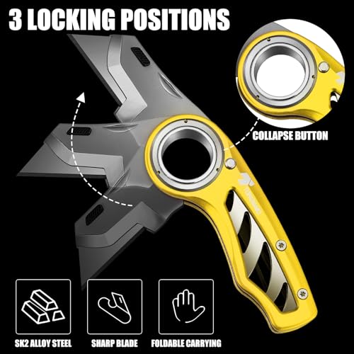 Image of Tondiamo 2 Pcs Folding Pocket Utility Knife Heavy Duty Box Cutter Folding Razor Knife with Anti Slip Finger Loop Easy Change Blades 3 Lock Positions Design (Yellow)