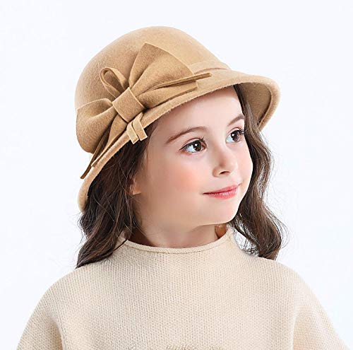 Bienvenu Kids Girls Winter Warm 100% Wool Bucket Hats Fedoras With Bowknot,Camel #TOP3