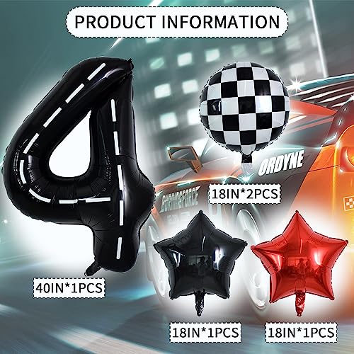 Image of TONIFUL 40 Inch Race Car 4th Birthday Balloons Racetrack Number 4 Black & White Checkered Balloons Boys Car Themed Birthday Party Decor