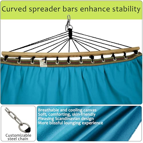 Image of Tranquillo Hammock 2 Person Canvas Portable Hammock with Curved Wood Spreader Bar for Cozy Indoor and Winter Outdoor Use (Blue)