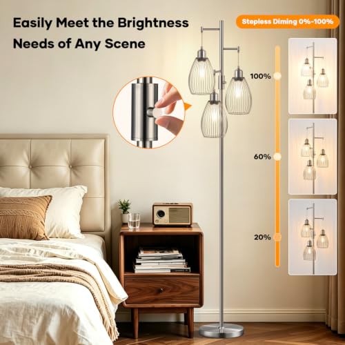 Image of Nintiue Dimmable Floor Lamp, 3 x 800LM LED Edison Bulbs Included, Industrial Floor Lamp Standing Tree Lamp with Elegant Teardrop Cage Heads Tall Lamps for Living Room Bedroom-Brushed Nickel