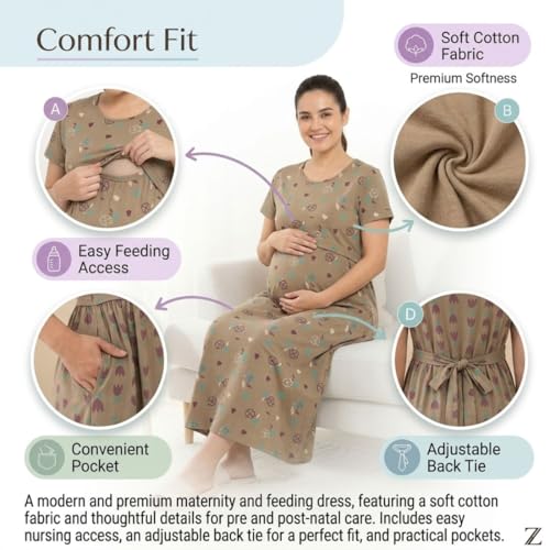 Image of Zero Clothing Feeding Dress for New Moms Casual Loungewear Ankle Length | Cotton Maternity Nighty | Zipless Feeding Dresses for Women | Pregnancy & Nursing Wear